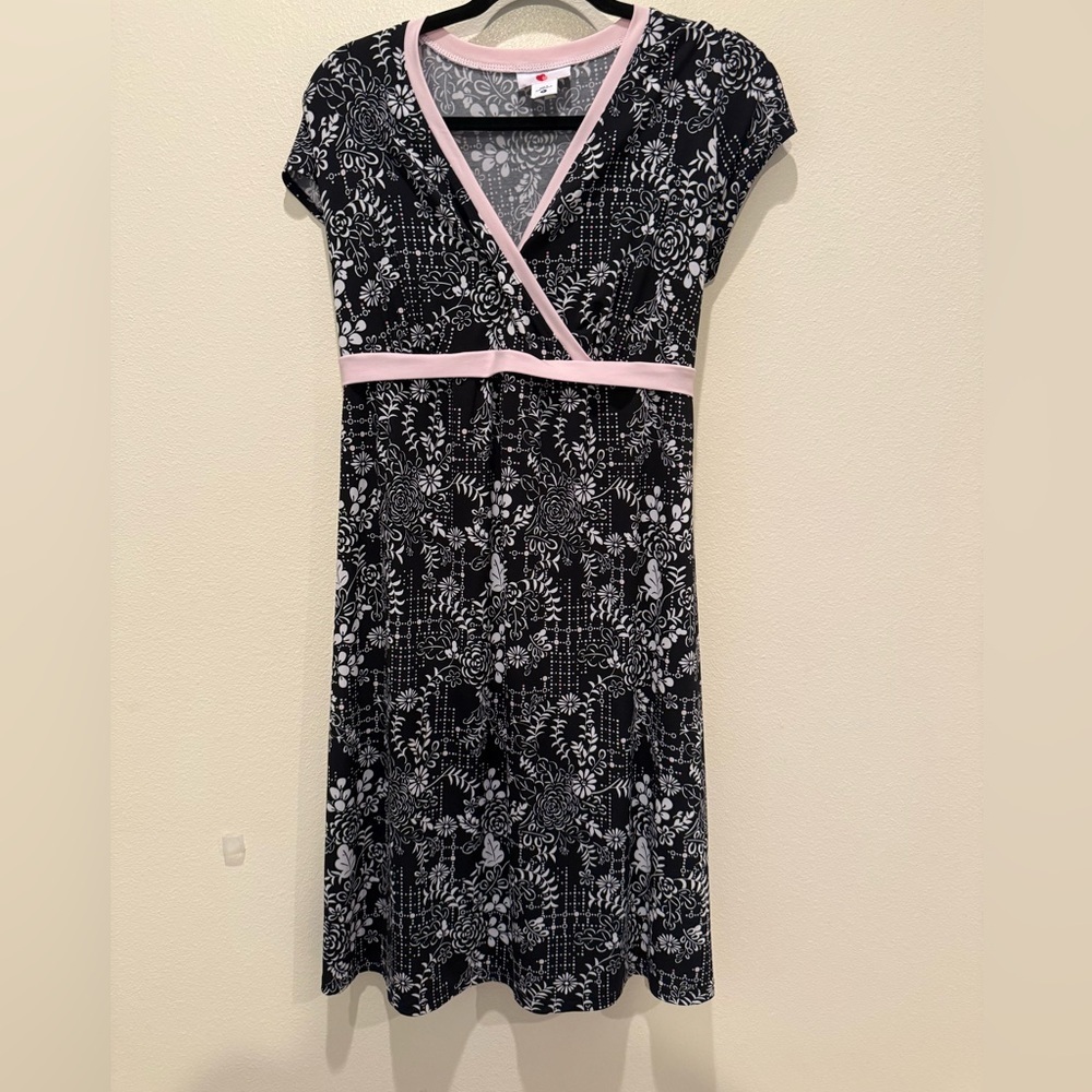Two Hearts Maternity Black and White Floral Dress with Pink Trim